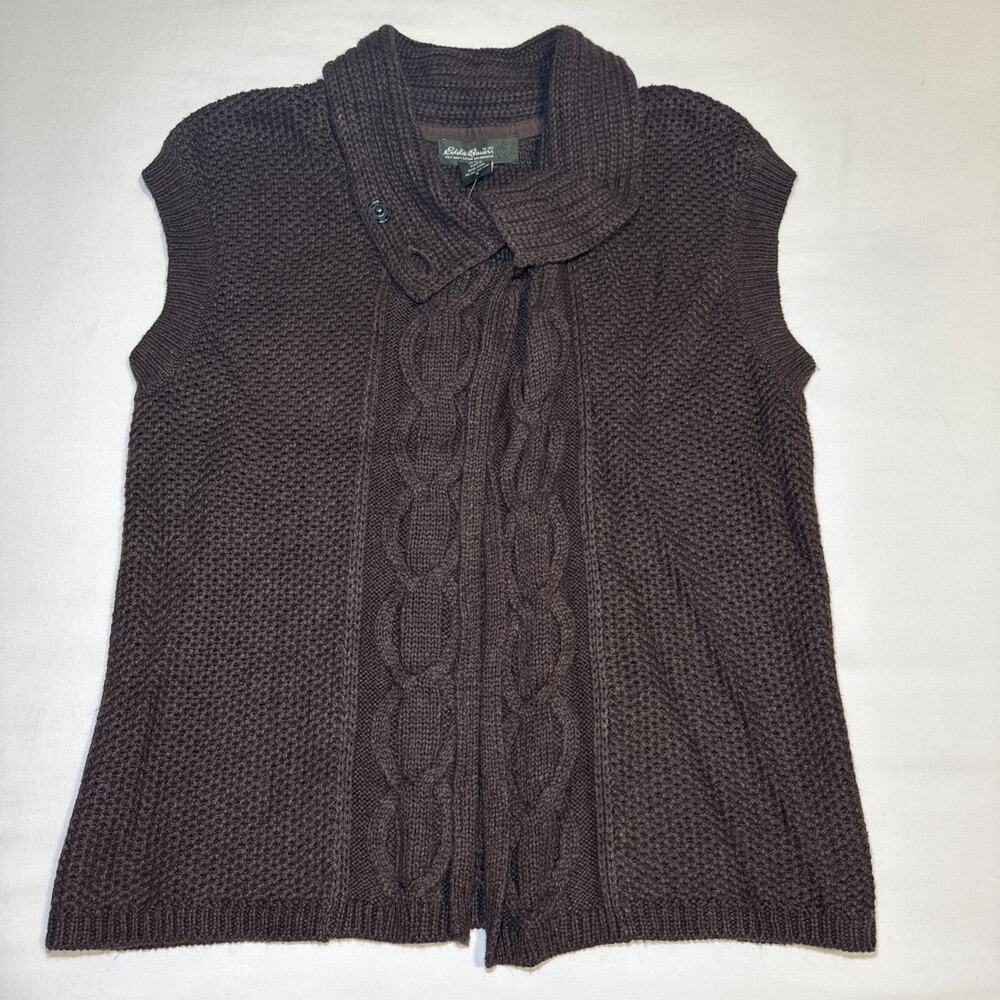 VTG Eddie Bauer Womens Brown Cable Knit Vest Wool Blend Collared Size Medium NWT